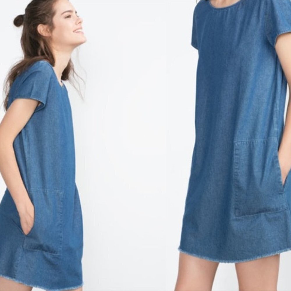 Zara Trafaluc Denim Dress Pockets Short Sleeve